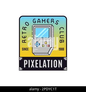 Retro gaming logo template with vintage console. Game badge design. Pixel games club label. Stock vector emblem isolated Stock Vector