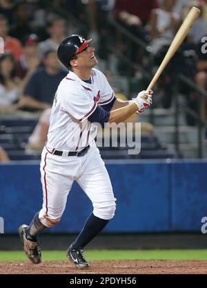 Atlanta Braves rookie Jeff Francoeur, right, celebrates with rookie catcher Brian  McCann after hitting a three-run homer off Chicago Cubs relief pitcher  Glendon Rusch in the eighth inning of the second game