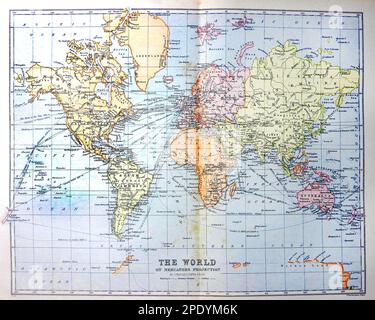 A late 19th century map of the world including the only discovered parts of Antarctica. Stock Photo