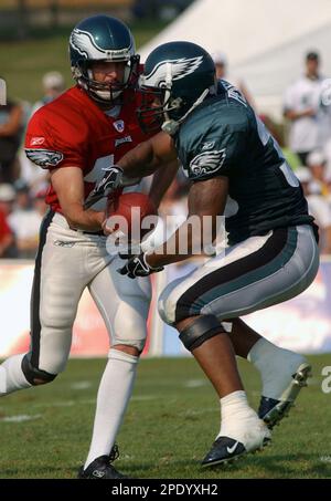 Philadelphia Eagles quarterback Koy Detmer, left, runs a passing drill with  fellow quarterback, A.J. Feeley, right, during the team's mini-camp  Wednesday, May, 28, 2003, in Philadelphia. (AP Photo/Brad C Bower Stock  Photo 