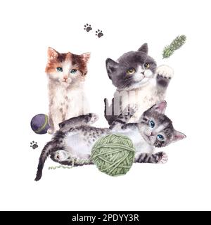 Three cute playing kittens with a ball of wool, a little ball and a feather isolated on white background. Watercolor illustration. For print or design Stock Photo