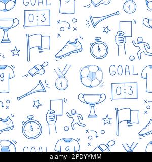 Soccer doodle seamless pattern. Football goal, award cup, whistle hand drawn line doodle sketch style equipment icon. Vector illustration Stock Vector