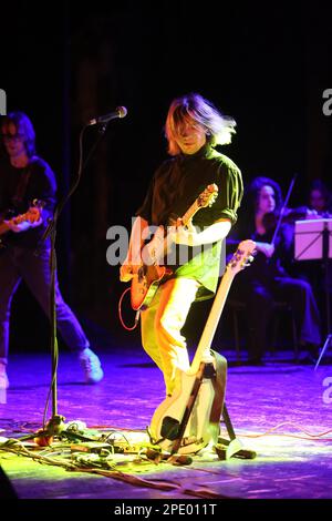 IVANO-FRANKIVSK, UKRAINE - MARCH 14, 2023 - Pavlo Kholoshev, the leader of the Fontaliza rock band, performs at a joint charity concert with the Quatt Stock Photo