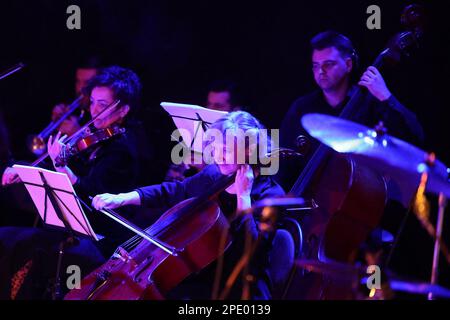 IVANO-FRANKIVSK, UKRAINE - MARCH 14, 2023 - Musicians of the Quattro Corde string ensemble are pictured during a joint charity concert with the Fontal Stock Photo