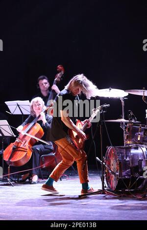 IVANO-FRANKIVSK, UKRAINE - MARCH 14, 2023 - Pavlo Kholoshev, the leader of the Fontaliza rock band, performs at a joint charity concert with the Quatt Stock Photo