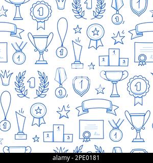 Award doodle hand drawn seamless pattern. Winner trophy cup, champion medal, win certificate background. Hand drawn doodle sketch style champion, victory, success elements. Vector illustration. Stock Vector