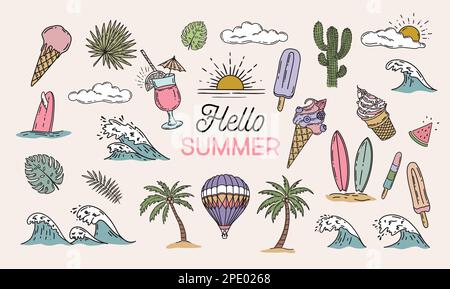 Summer icon set, hand drawn illustration. Stock Vector