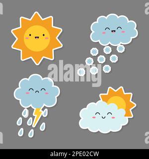 Cute cartoon images of weather conditions. Childrens stickers with weather elements. Vector illustration Stock Vector