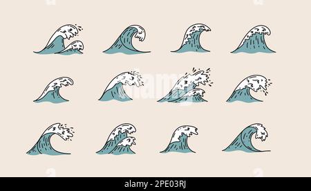 Wave hand drawn illustrations, vector. Stock Vector
