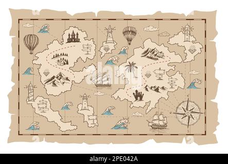 Vector sketch of an old pirate treasure map. Hand-drawn illustrations, vector. Stock Vector