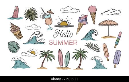 Summer icon set, hand drawn illustration. Stock Vector