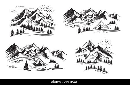 Tent camping in forest near mountains, set, hand drawn illustrations. Vector. Stock Vector