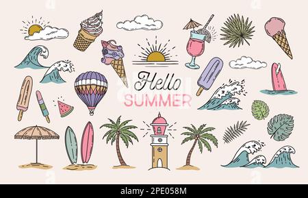 Summer icon set, hand drawn illustration. Stock Vector