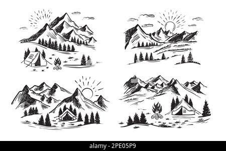 Tent camping in forest near mountains, set, hand drawn illustrations. Vector. Stock Vector