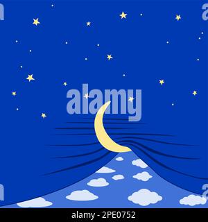 Illustration cartoon hand drawing night day change sunrise sunset moon and stars closing down as a curtain on cloudy blue skies wishing good night Stock Vector