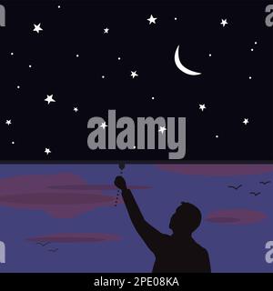 Illustration cartoon hand drawing person closing the curtain of night sunset crescent moon stars closing down as a curtain on cloudy skies good night Stock Vector