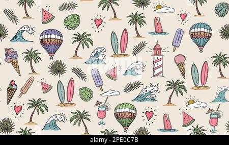 Summer icon set, hand drawn illustration. Stock Vector