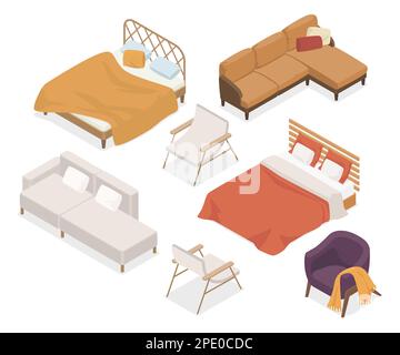 Beds, sofas and armchairs - modern vector isometric colorful elements Stock Vector