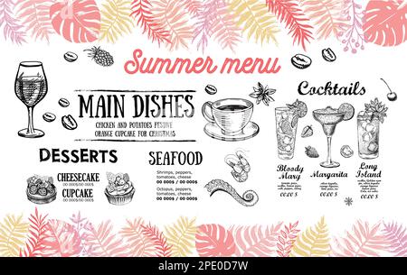 Summer menu, template design. Food flyer. Hand-drawn style. Vector illustration. Stock Vector