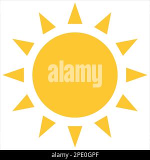 Yellow sun icon, flat style hot summer vector design. Sunlight, nature, sky object illustration symbol isolated on white background. Stock Vector