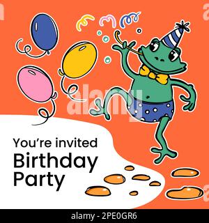 BIRTHDAY Cheerful Frog With Balloons Blows Into A Straw And Invites Friends To A Birthday Party Cartoon Hand Drawn Contour Sketch And Your Text Square Stock Vector