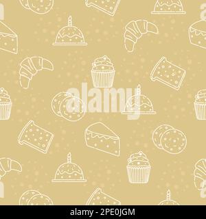 Appetizing baked goods, beige seamless pattern Stock Vector