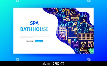 Spa Bathhouse Neon Landing Page Stock Vector