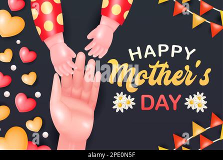 Happy mother's day, 3d vector of mother and baby hands with love and flower ornaments Stock Vector