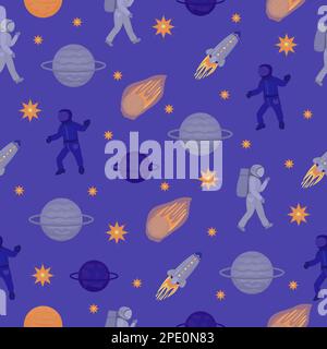 Space, contrast seamless pattern on blue background Stock Vector