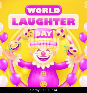 World laughter day. 3d vector clown with balloon ornament and happy emoticon Stock Vector