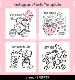 VALENTINE POSTS Cartoon Social Media Templates Square Frames Happy Loving Cats Holding Hands Fly Red Hearts Congratulating Text Hand Drawn Vector Illu Stock Vector