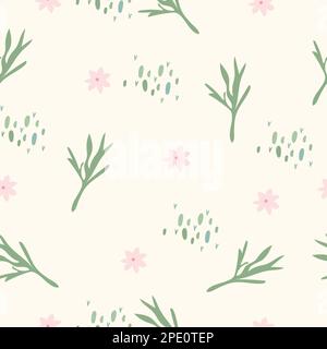 Minimalist seamless pattern with flowers and leaves. Bright, botanical pattern perfect for paper, cover, wallpaper, fabric, posters. Vector graphics. Stock Vector