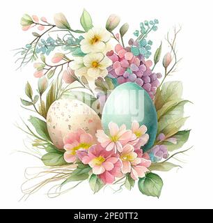 Easter eggs in flowers hand drawn watercolor illustration Easter Stock Photo