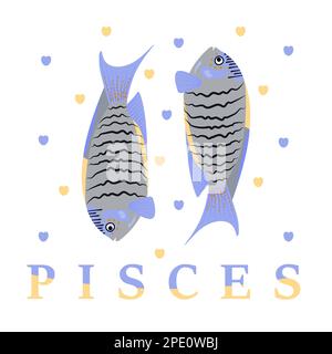 Zodiac sign of Pisces, cute illustration and text Stock Vector