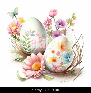 Easter eggs in flowers hand drawn watercolor illustration Stock Photo