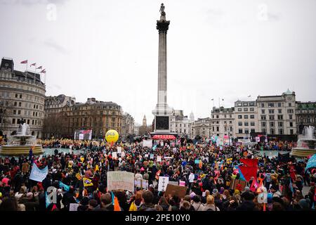 Striking members of the National Education Union (NEU) at a rally in Trafalgar Square, central London, in a long-running dispute over pay. Picture date: Wednesday March 15, 2023. Stock Photo