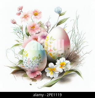 Eggs in wild flowers hand drawn watercolor illustration Stock Photo