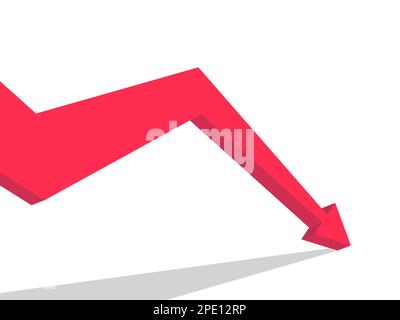 Red 3d down arrow on white background, market crash. Collapse of the stock market, crisis. Bank failure, fall of cryptocurrency. Design for banner, po Stock Vector