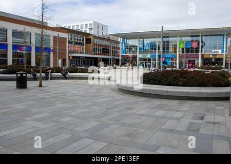 Crawley, Sussex/UK – April 08 2021:People meeting in Queens Square in Crawley Sussex Stock Photo