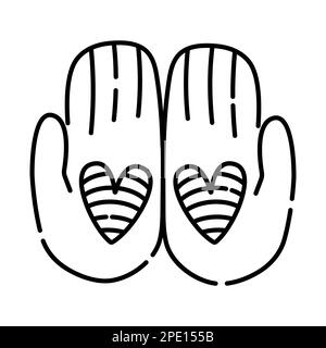 Two hands with hearts, symbol of trust, vector black line illustration Stock Vector