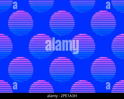 Pixel art sun seamless pattern in 80s style. Synthwave sunset in 8 bit style. Pixelated design of the sun in the retro style of classic 8-bit video ga Stock Vector