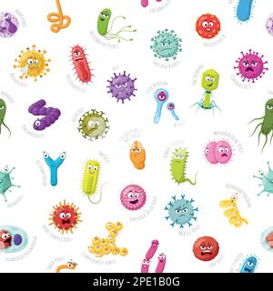 Seamless pattern with viruses and baterias cartoon characters Stock Vector