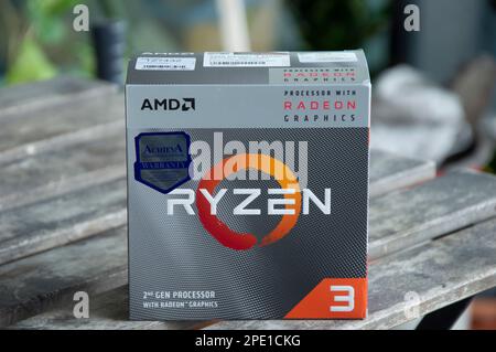 15-3-2023 Chon Buri, Thailand AMD CPU chips, ryzen 3 and 5 models are becoming popular with users. Stock Photo