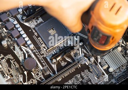 top view of computer motherboard, computer assembler Stock Photo