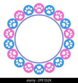 Pink blue round frame with animal paws with space for text or design. Stock Vector