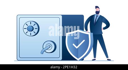 Closed strongbox and businessman or bank clerk with security shield.Steel safe deposit and manager isolated on white background. Secure bank or deposi Stock Vector
