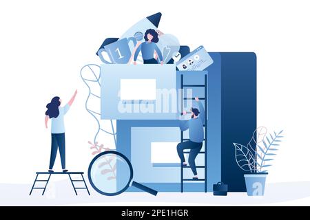 Quick files search. Document archiving and storage. Various business people and large storage. Male and female characters in trendy style. Vector illu Stock Vector
