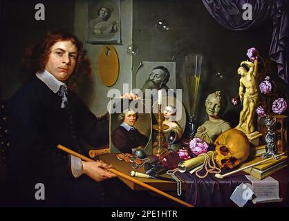 Vanitas still life with a self portrait of the young painter David Bailly (1584–1657) was a Dutch Golden Age painter. Fine arts Museum, Leiden, Lakenhal, The Netherlands, Holland, Dutch, Golden Age painter. Stock Photo