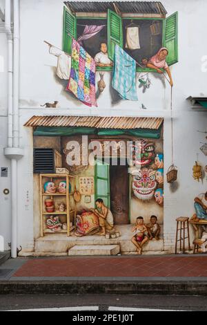 Wall art by street artist Yip yew Cheong in Chinatown, Singapore Stock Photo