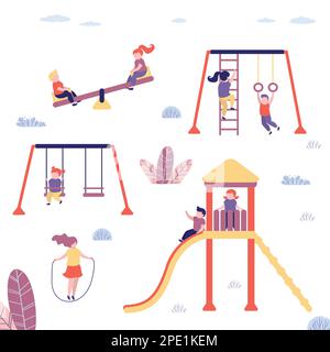 Group of kids playing at the playground. Various children on playground. Cute background in trendy style. Vector illustration Stock Vector